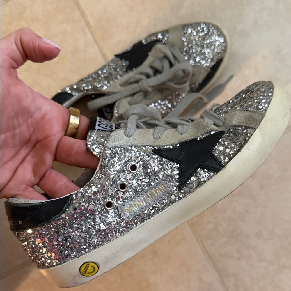 Golden Goose Silver Glitter Low-Top Sneakers with Black Star